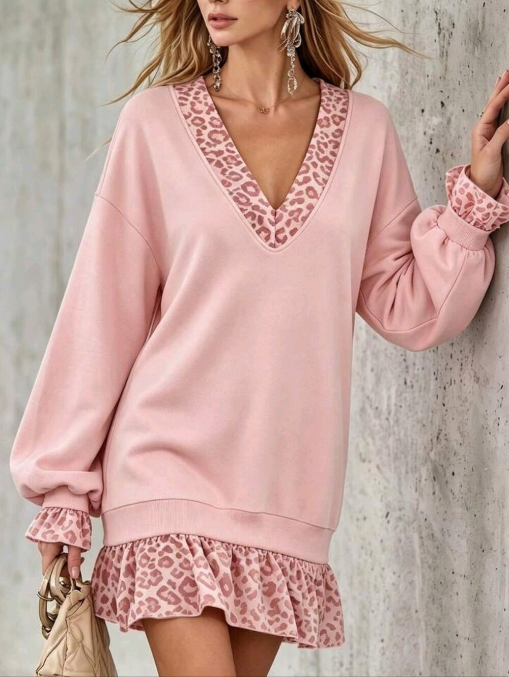 Women's Autumn/Winter New Leopard Print Long Sleeve V-Neck Sweatshirt - Picture 2 of 6